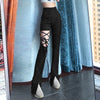 High waisted Jeans with a one leg lace hollow out Angelwarriorfitness.com