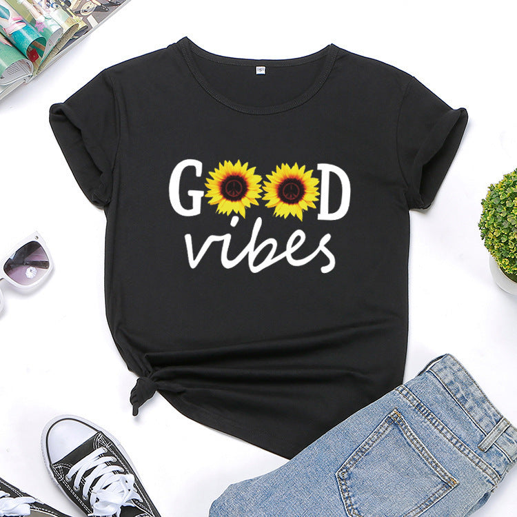 Letter Sunflower Print Ladies Short Sleeve O Neck Loose T Shirt Summer Ladies Angelwarriorfitness.com