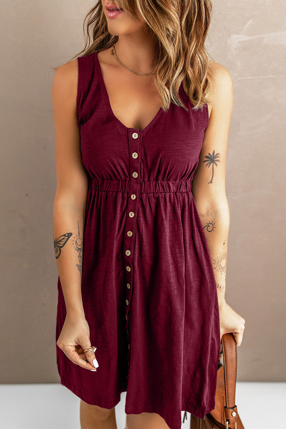 Button Front Empire Waist Sleeveless Slit Dress Angelwarriorfitness.com