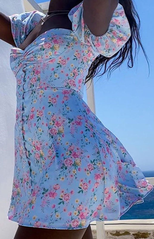 Flower-Wrapped Waist Dress With Lantern Sleeves Angelwarriorfitness.com