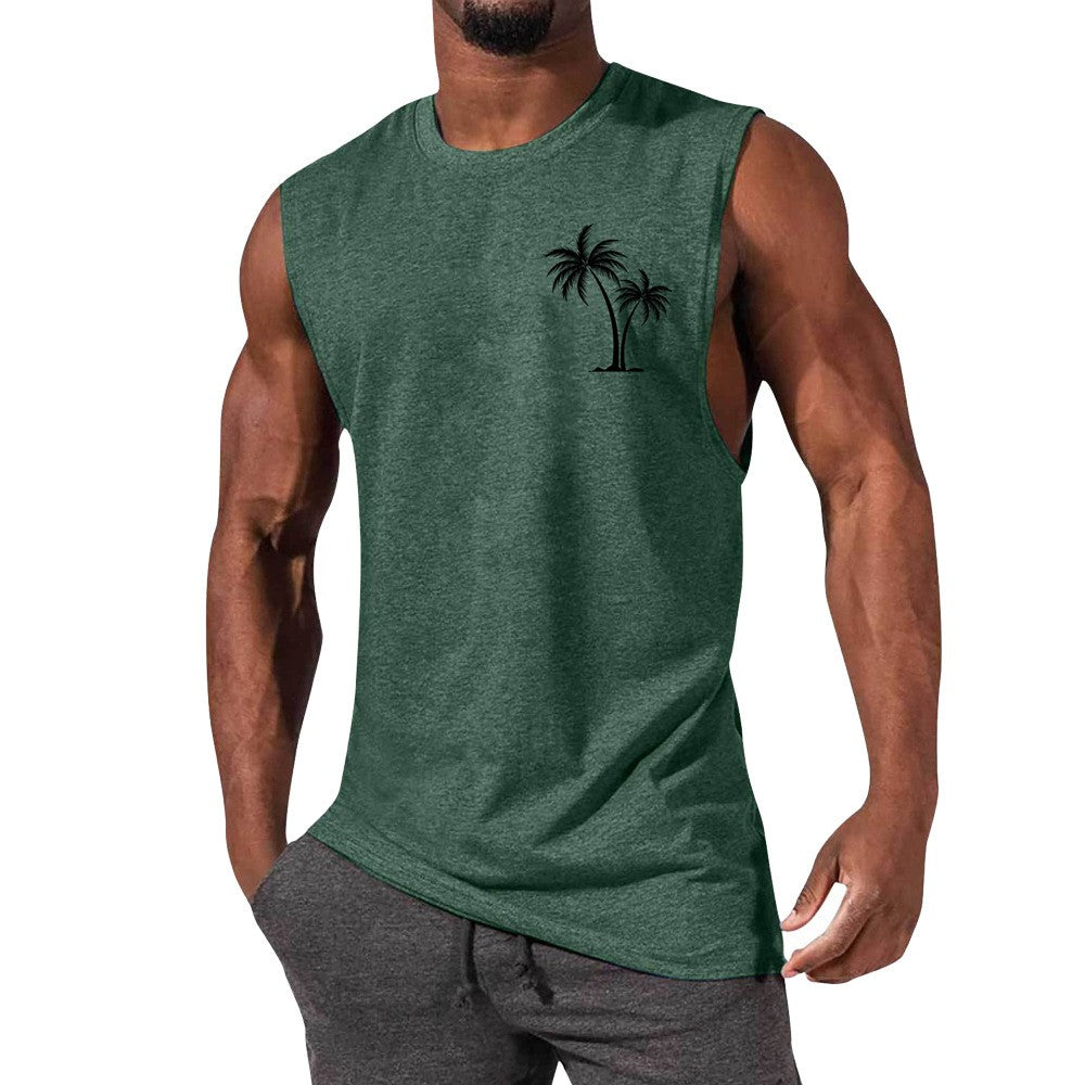 Coconut Tree Embroidery Vest Summer Beach Tank Tops Workout Muscle Men Sports Fitness T-shirt Angelwarriorfitness.com