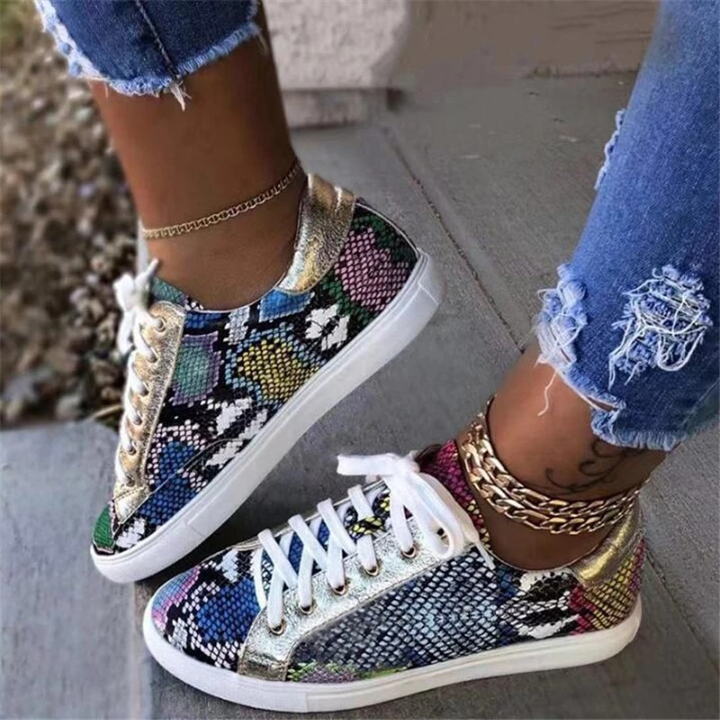 Snakeskin PU Women's Shoes Flat Sneakers Sneakers Angelwarriorfitness.com