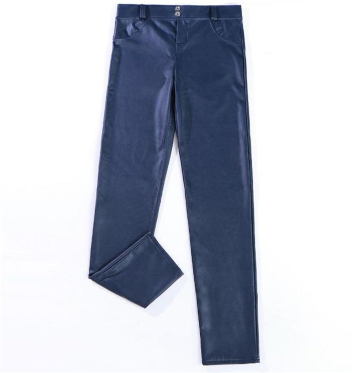 Fleece low-rise peach pants PU leather pants elastic Angelwarriorfitness.com