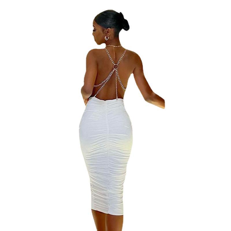 Solid Casual Backless Pleated Chain Dress Angelwarriorfitness.com
