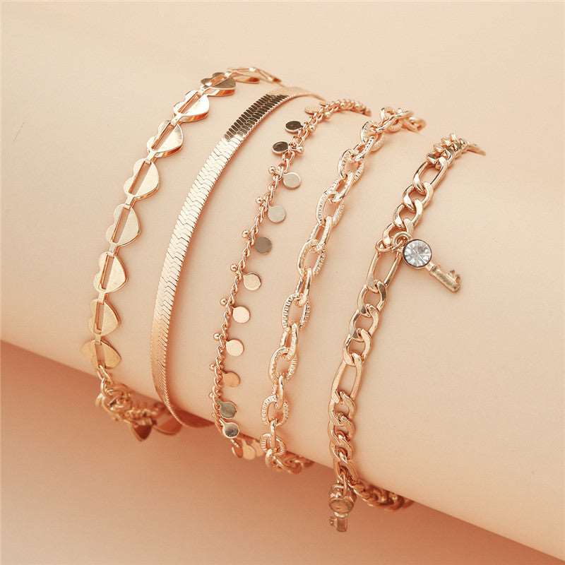 5 Pcs Women Fashion Gold Color Heart Crystal Key Anklets For Women Trendy Snake Chain Anklets For Women Foot Jewelry Gifts Angelwarriorfitness.com