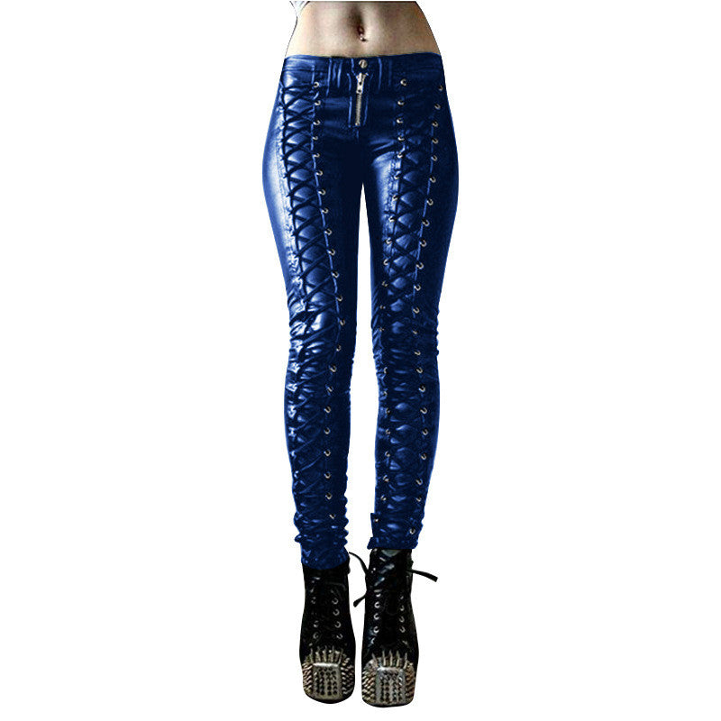 Solid Color Casual Women's Lace-up PU Leather Pants Angelwarriorfitness.com
