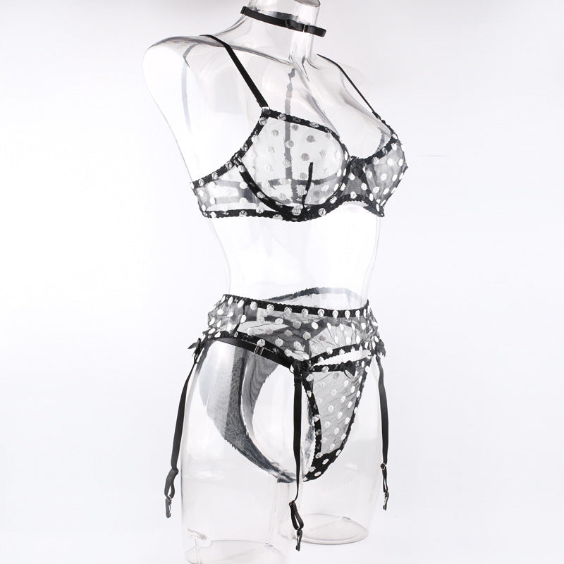 Polka Dot Lingerie Four-piece Set With Scarf Waist Bow Ultra-thin See-through Underwear Angelwarriorfitness.com
