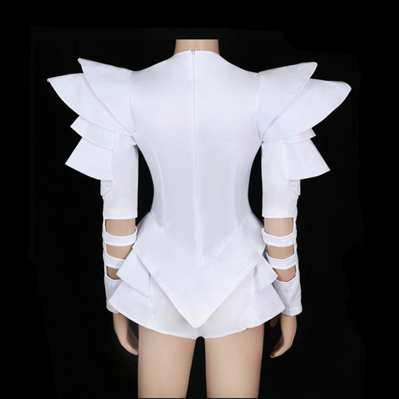 White Rhinestone Bodysuit Female Jazz DJ Dance Costumes Angelwarriorfitness.com