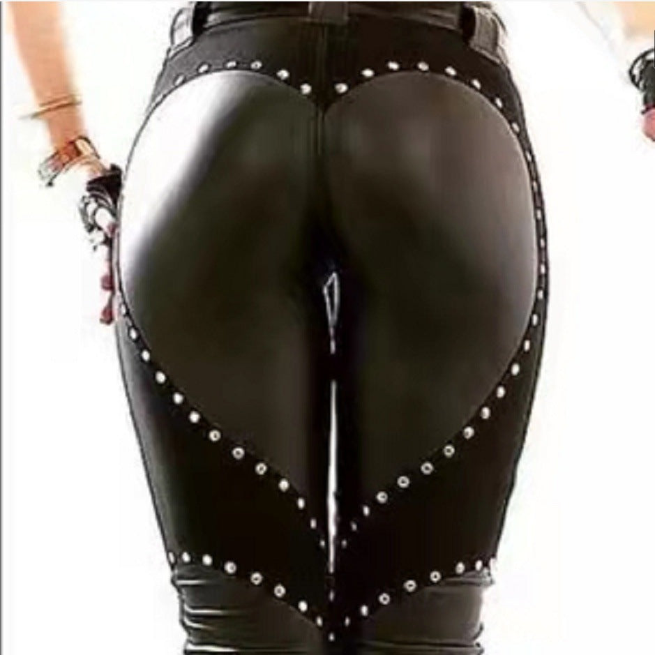 New Women's Riveted PU Leather Pants Solid Casual Angelwarriorfitness.com