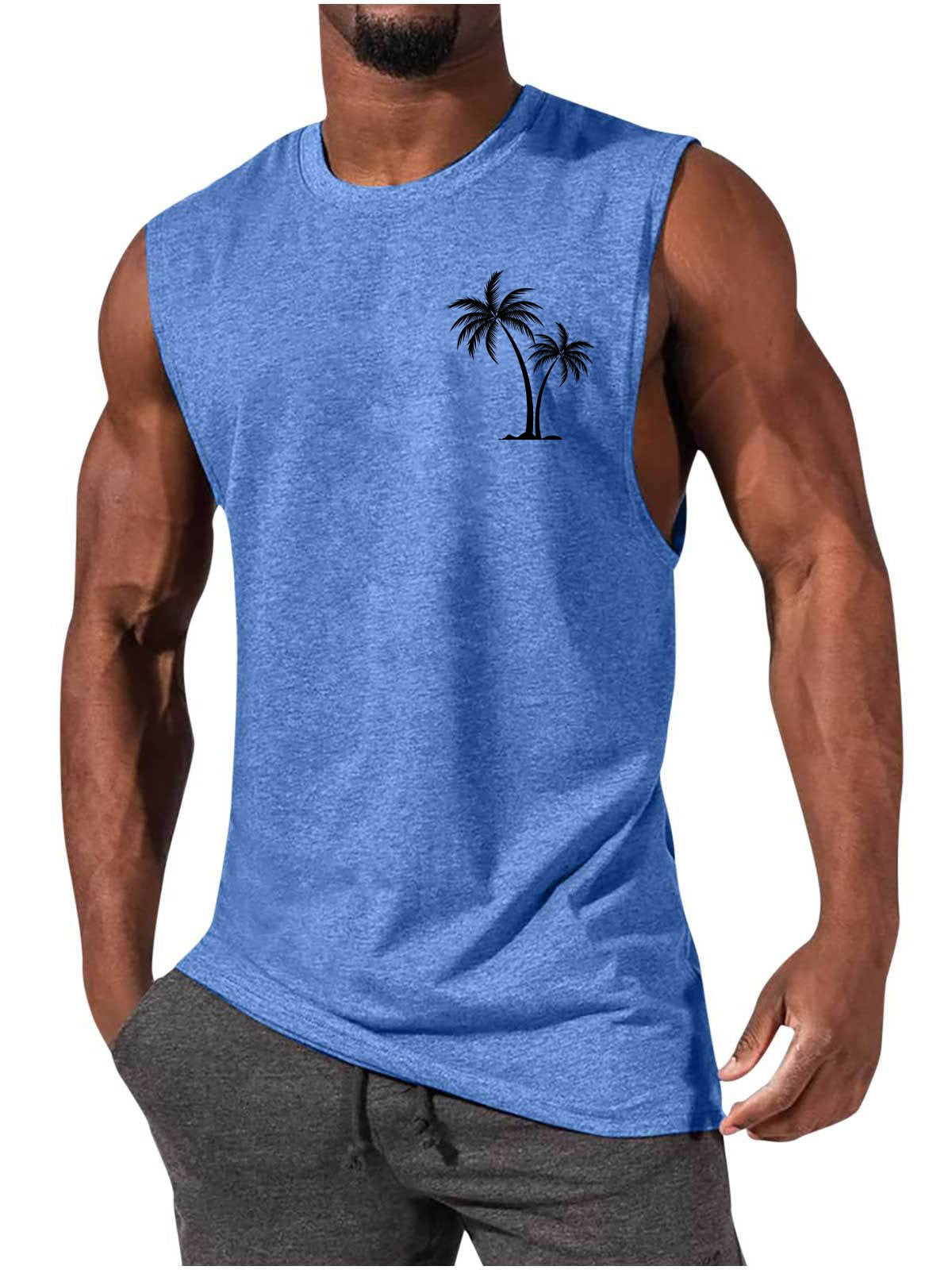 Coconut Tree Embroidery Vest Summer Beach Tank Tops Workout Muscle Men Sports Fitness T-shirt Angelwarriorfitness.com