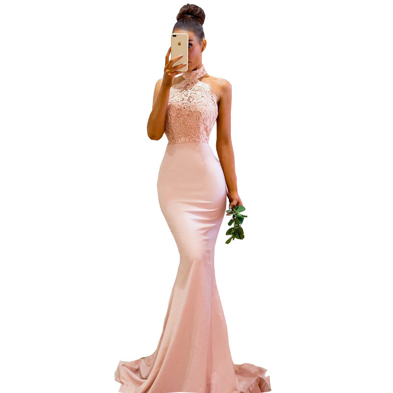 Sleeveless Halter Dress Lace Banquet Evening Dress Angelwarriorfitness.com