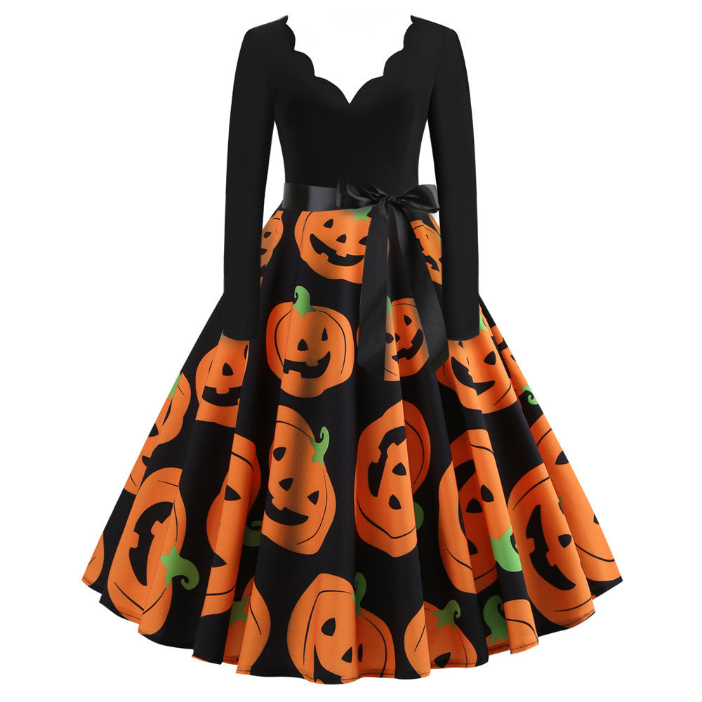 Halloween Burnt Flower V-neck Long-sleeved Sexy Print Big Swing Dress Angelwarriorfitness.com