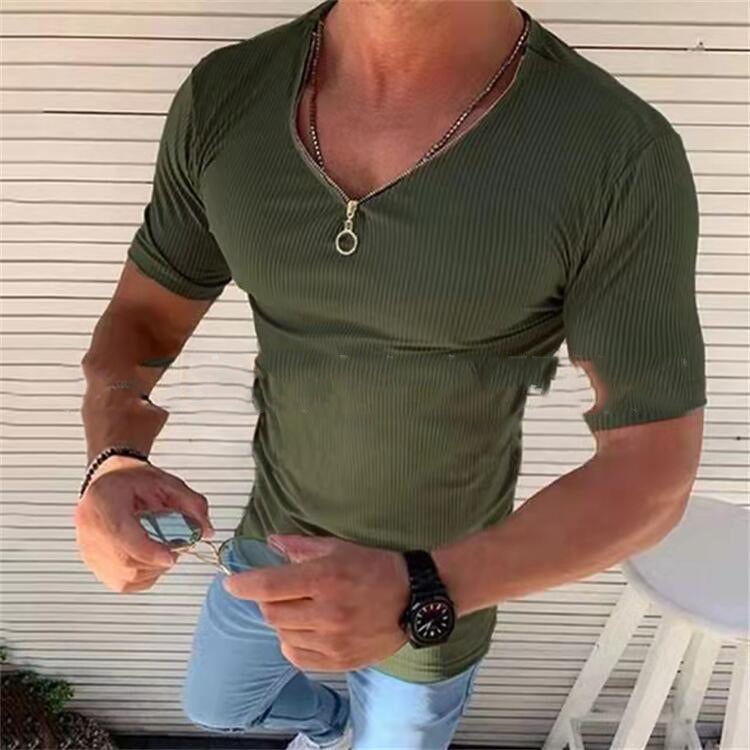 Men's Slim Fit Versatile Zipper Special Decoration Small Sunken Stripe V-neck Muscle Man Short Sleeved T-shirt Angelwarriorfitness.com