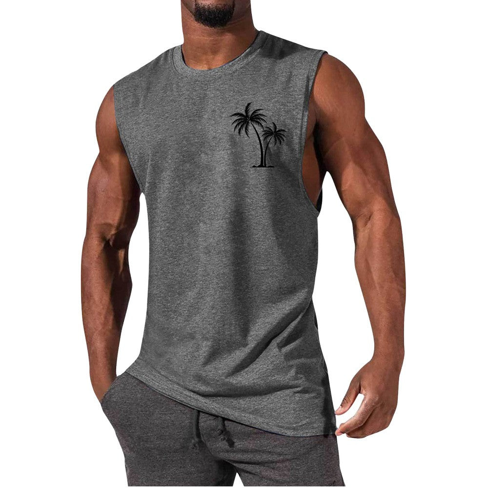 Coconut Tree Embroidery Vest Summer Beach Tank Tops Workout Muscle Men Sports Fitness T-shirt Angelwarriorfitness.com