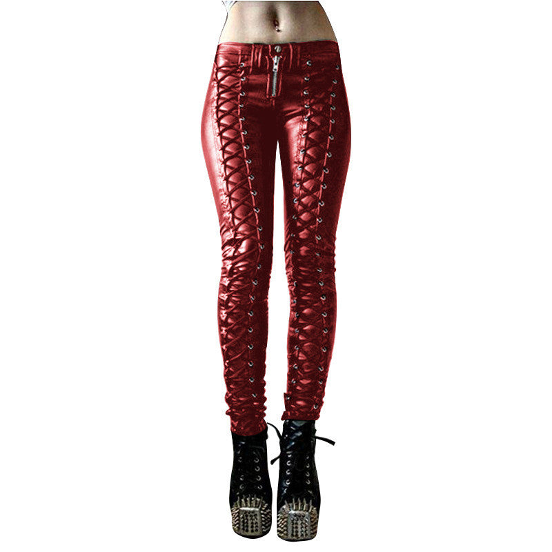 Solid Color Casual Women's Lace-up PU Leather Pants Angelwarriorfitness.com
