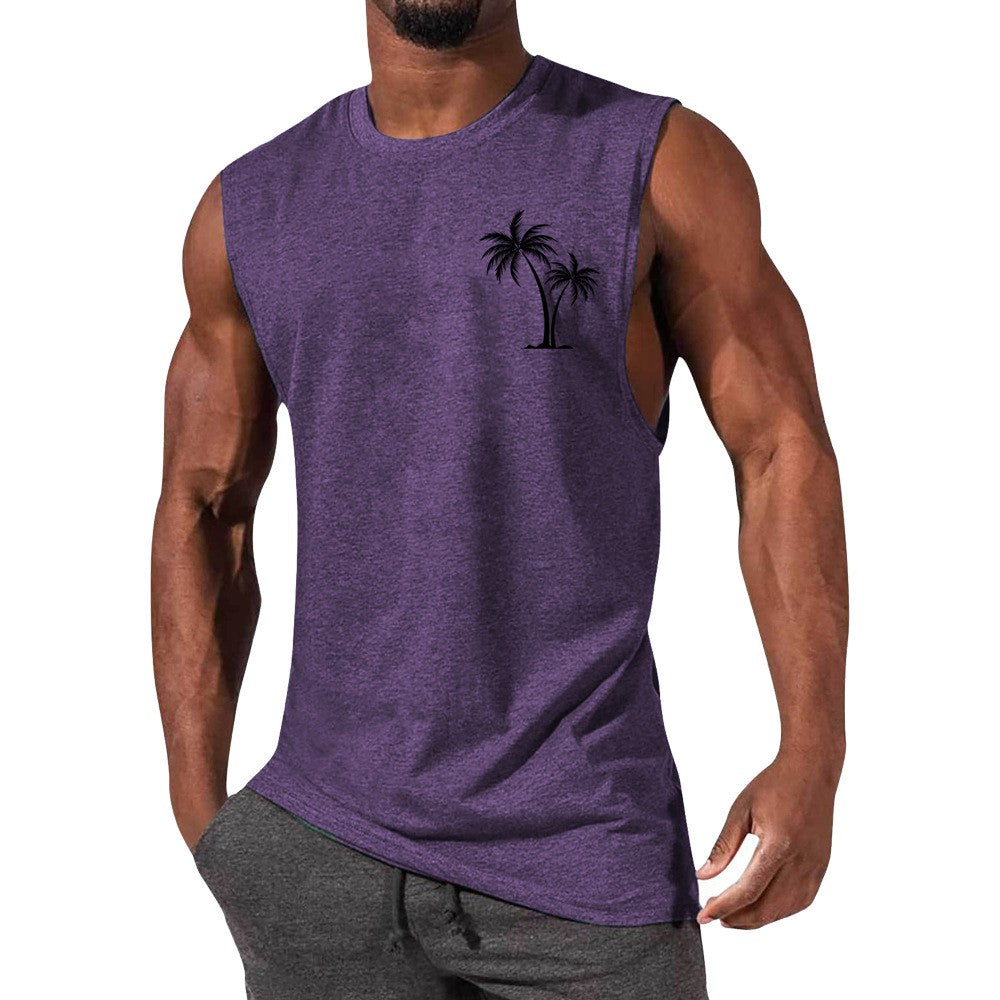 Coconut Tree Embroidery Vest Summer Beach Tank Tops Workout Muscle Men Sports Fitness T-shirt Angelwarriorfitness.com