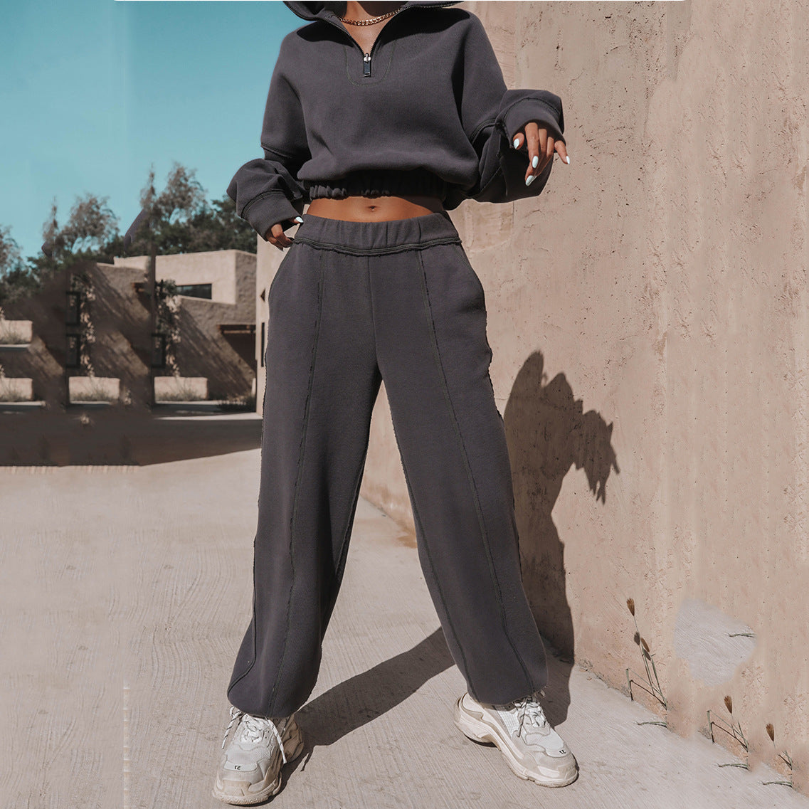 Long Sleeve Turtleneck Sweatshirt Stand Up Zipper Short Top With Loose Straight Leg Pants Women's Clothing Angelwarriorfitness.com