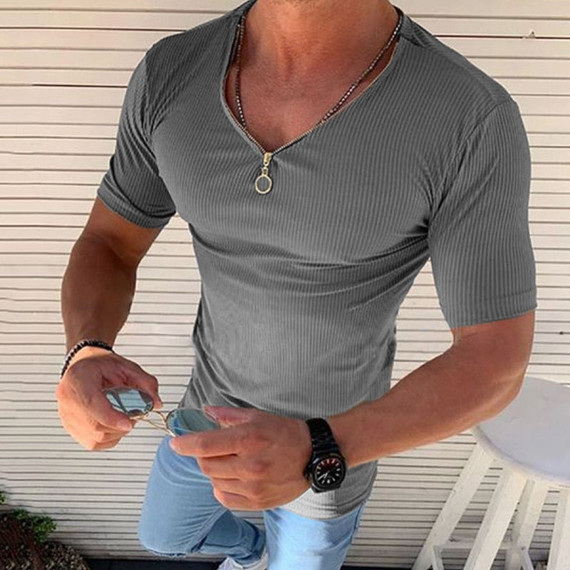 Men's Slim Fit Versatile Zipper Special Decoration Small Sunken Stripe V-neck Muscle Man Short Sleeved T-shirt Angelwarriorfitness.com