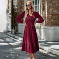 Women's V-neck Smocking Solid Color Dress Angelwarriorfitness.com
