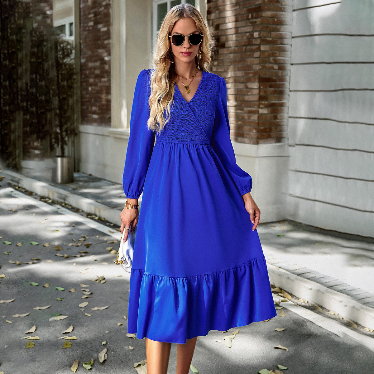 Women's V-neck Smocking Solid Color Dress Angelwarriorfitness.com