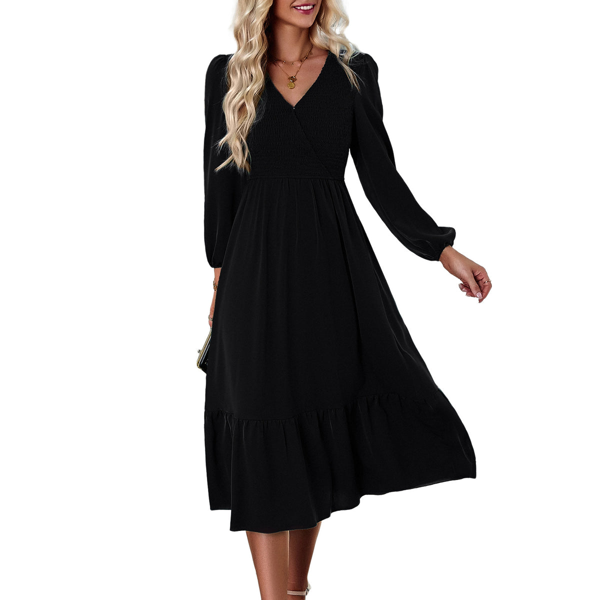 Women's V-neck Smocking Solid Color Dress Angelwarriorfitness.com
