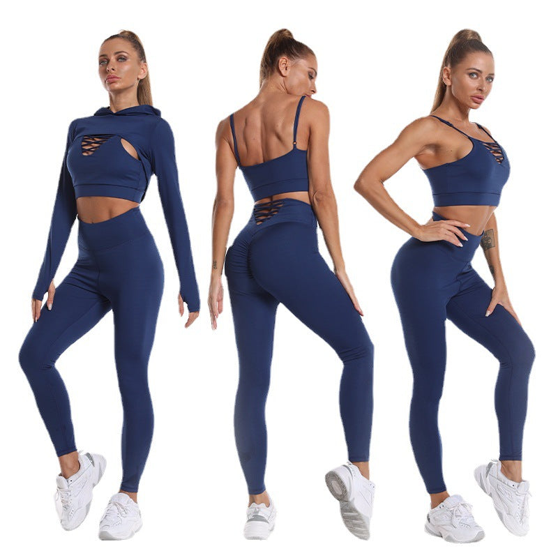 3pcs Sports Suits Long Sleeve Hooded Top Hollow Design Camisole And Butt Lifting High Waist Seamless Fitness Leggings Sports Gym Outfits Clothing Angelwarriorfitness.com