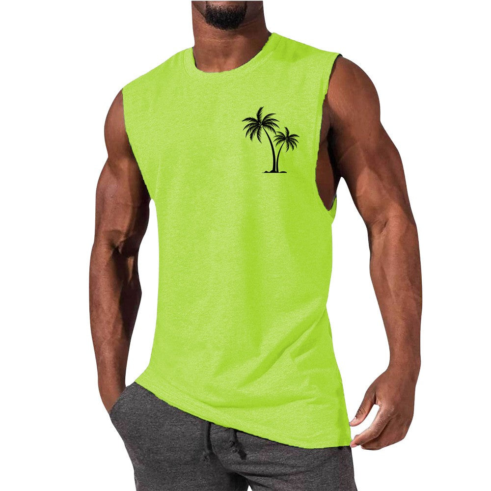 Coconut Tree Embroidery Vest Summer Beach Tank Tops Workout Muscle Men Sports Fitness T-shirt Angelwarriorfitness.com