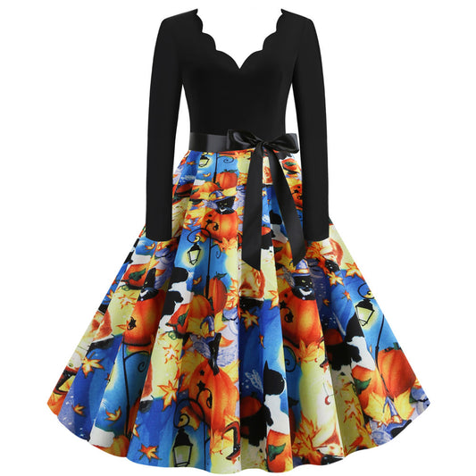 Halloween Burnt Flower V-neck Long-sleeved Sexy Print Big Swing Dress Angelwarriorfitness.com