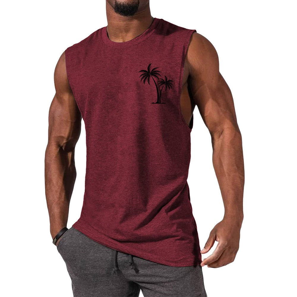 Coconut Tree Embroidery Vest Summer Beach Tank Tops Workout Muscle Men Sports Fitness T-shirt Angelwarriorfitness.com