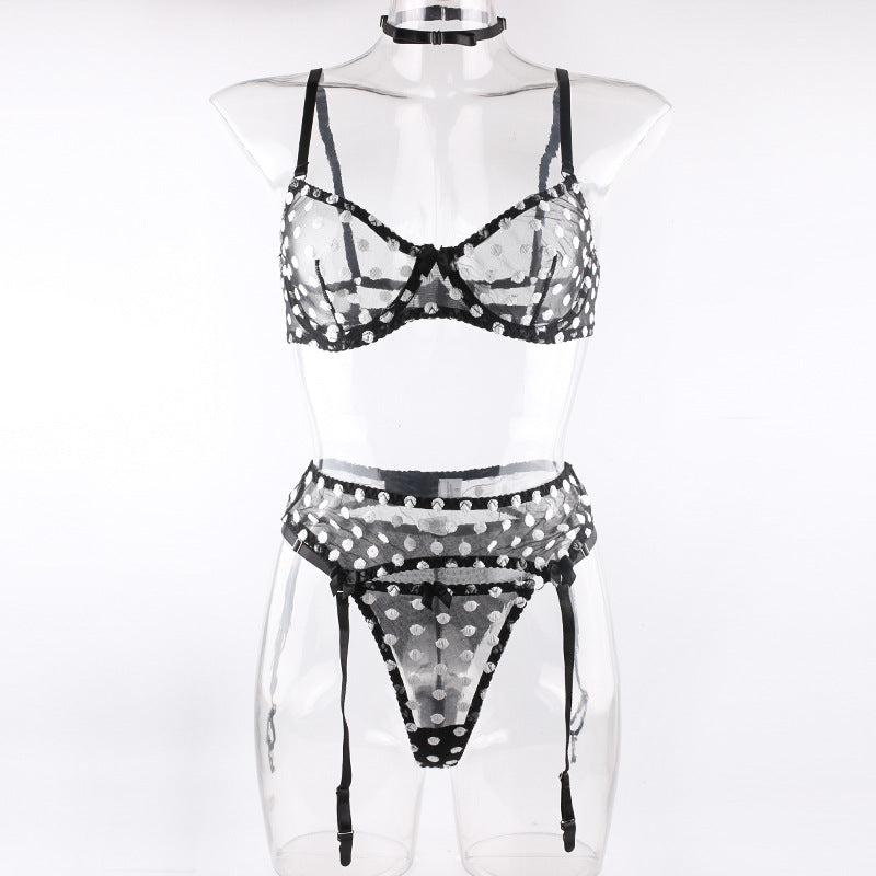 Polka Dot Lingerie Four-piece Set With Scarf Waist Bow Ultra-thin See-through Underwear Angelwarriorfitness.com