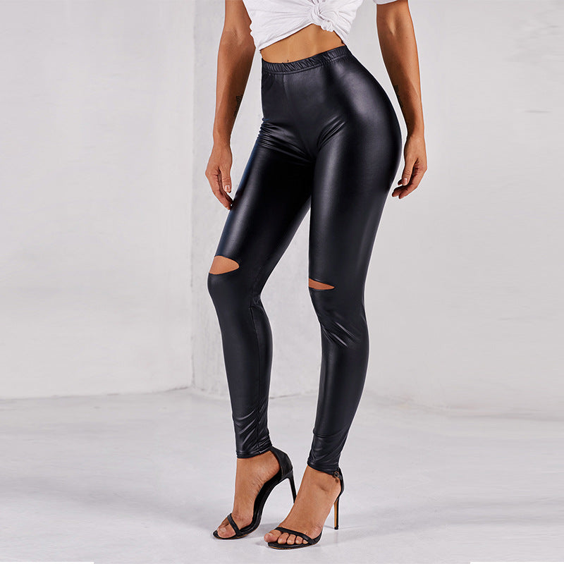 Tight Leather Pants Women High Waist Bright Color Sexy Ripped Leggings Angelwarriorfitness.com