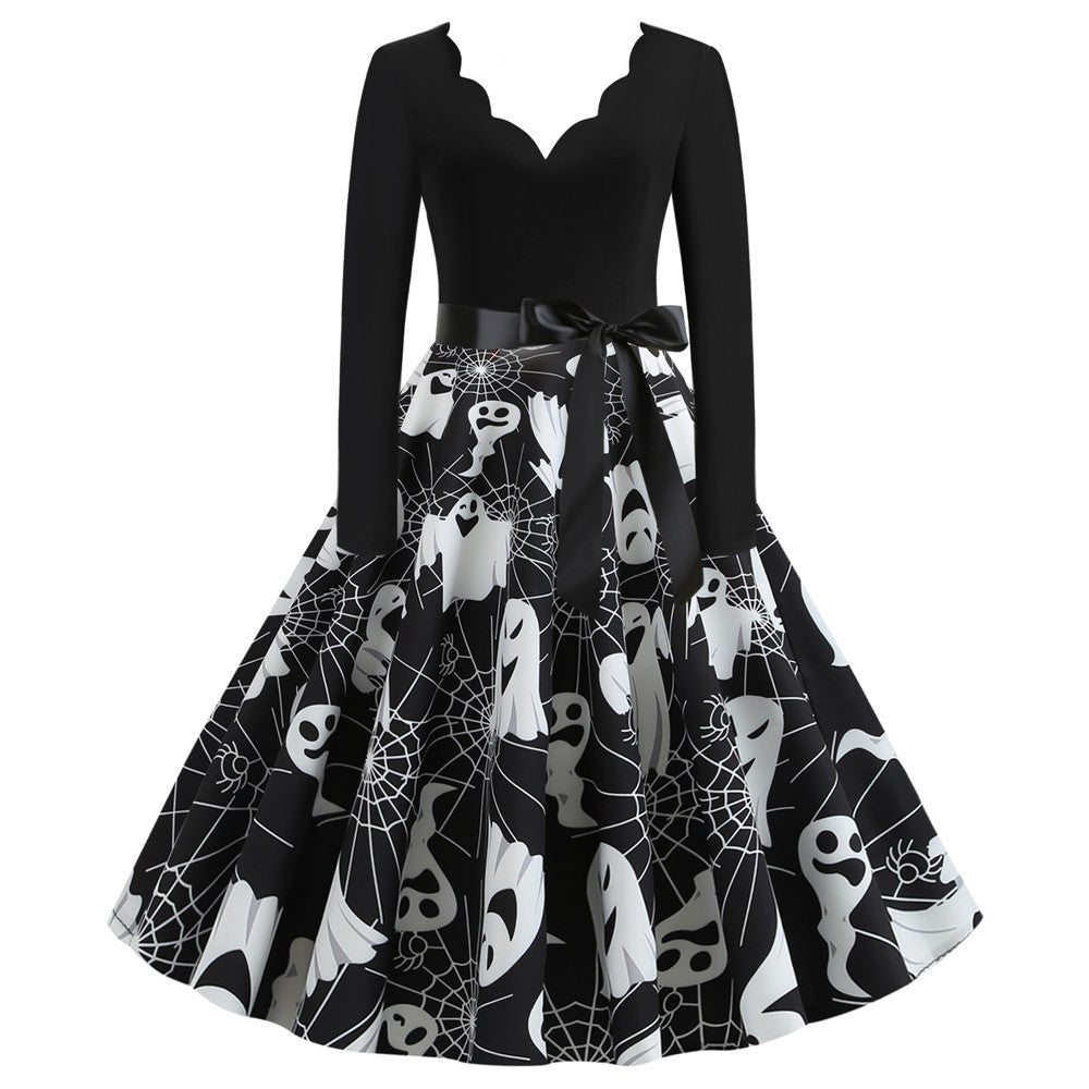 Halloween Burnt Flower V-neck Long-sleeved Sexy Print Big Swing Dress Angelwarriorfitness.com