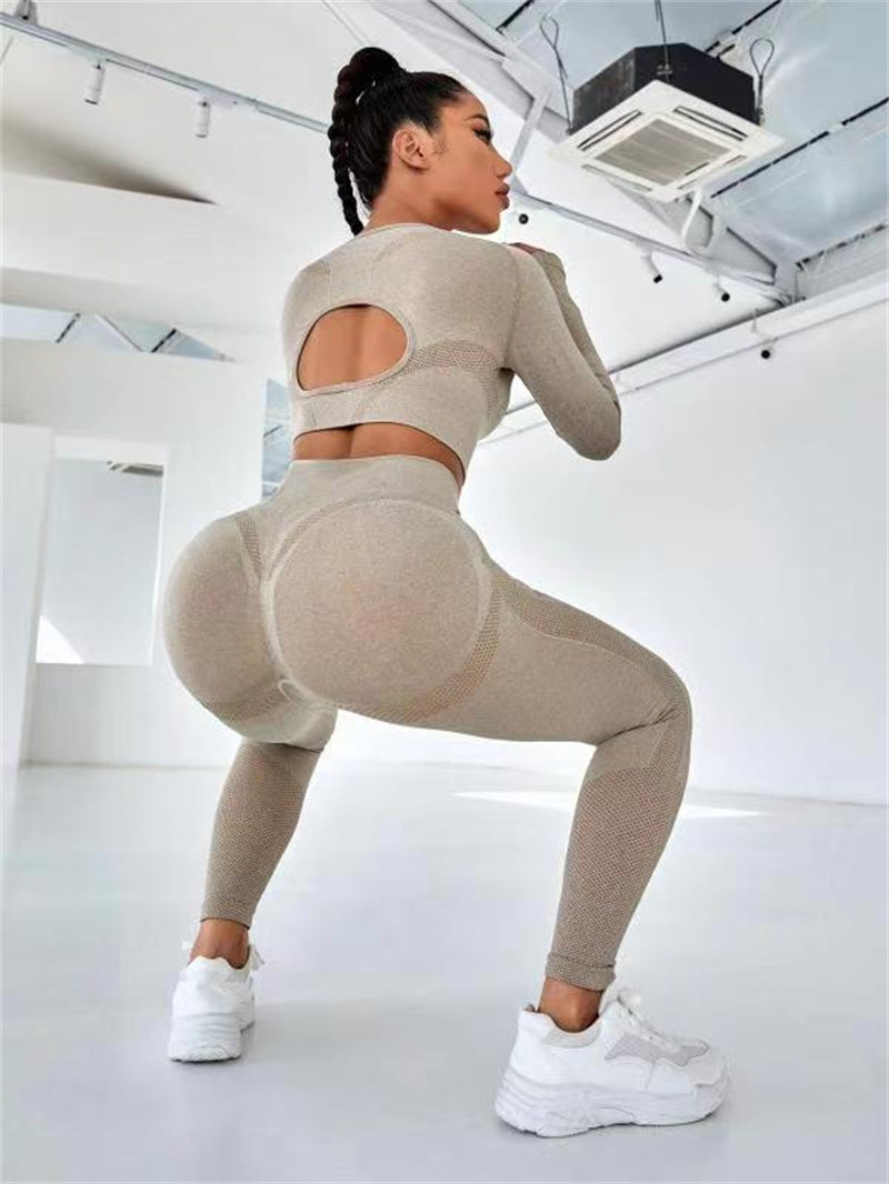 2pcs Sports Suits Long Sleeve Hollow Design Tops And Butt Lifting High Waist Seamless Fitness Leggings Sports Gym Sportswear Outfits Clothing Angelwarriorfitness.com