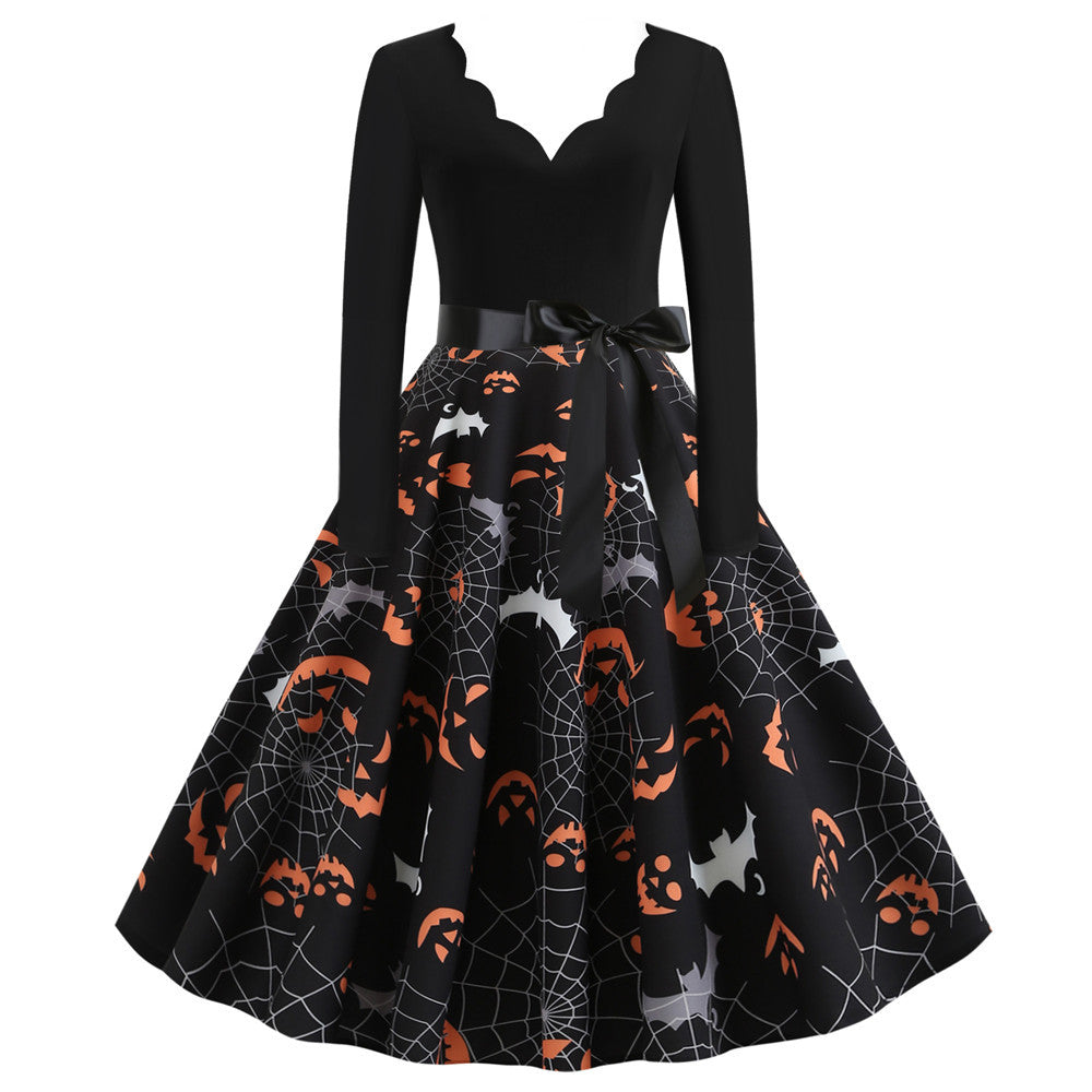 Halloween Burnt Flower V-neck Long-sleeved Sexy Print Big Swing Dress Angelwarriorfitness.com