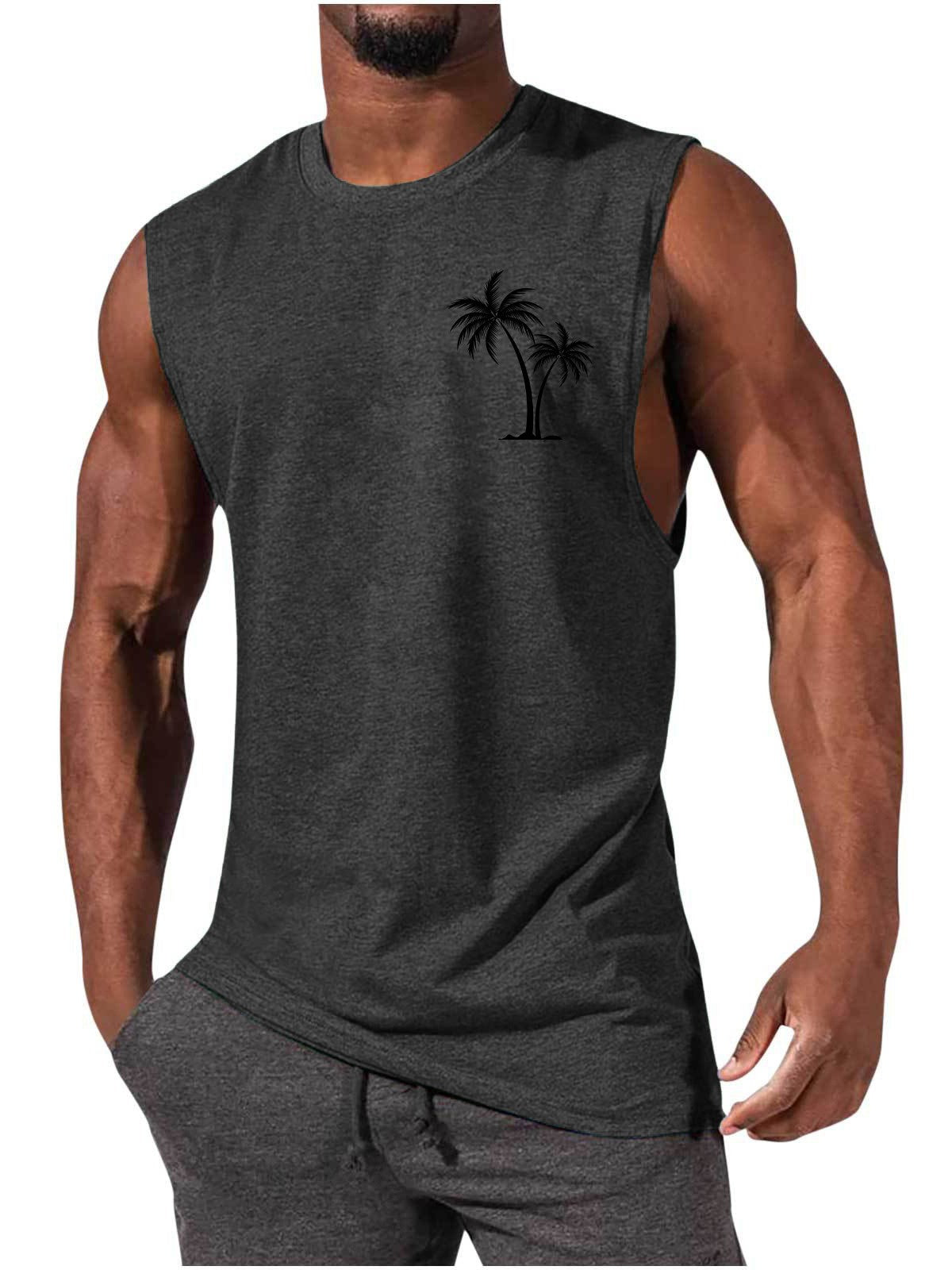 Coconut Tree Embroidery Vest Summer Beach Tank Tops Workout Muscle Men Sports Fitness T-shirt Angelwarriorfitness.com