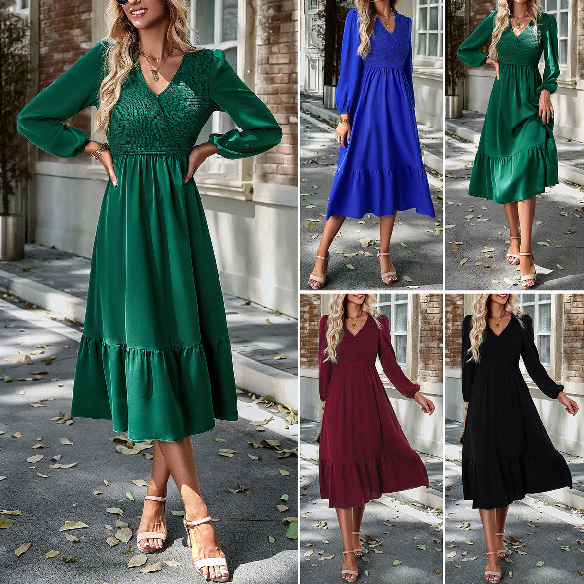Women's V-neck Smocking Solid Color Dress Angelwarriorfitness.com
