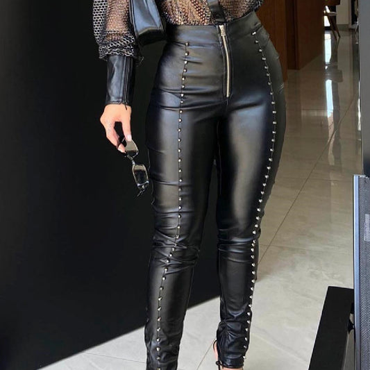 Women's Black Zippered Rivet Leather Pants Angelwarriorfitness.com
