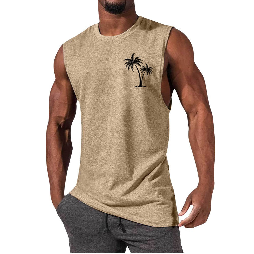 Coconut Tree Embroidery Vest Summer Beach Tank Tops Workout Muscle Men Sports Fitness T-shirt Angelwarriorfitness.com