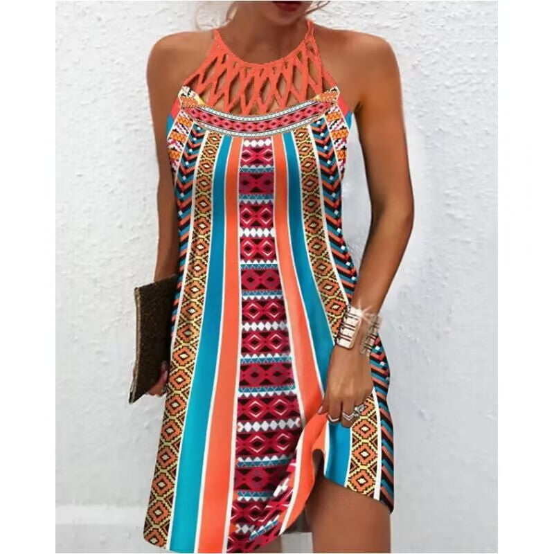 Fashion Print Dress Casual Halterneck Dresses For Women Summer Clothes Angelwarriorfitness.com