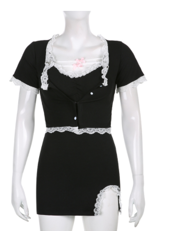 Bow Knot Slit Dress  Lace Short Sleeves Angelwarriorfitness.com