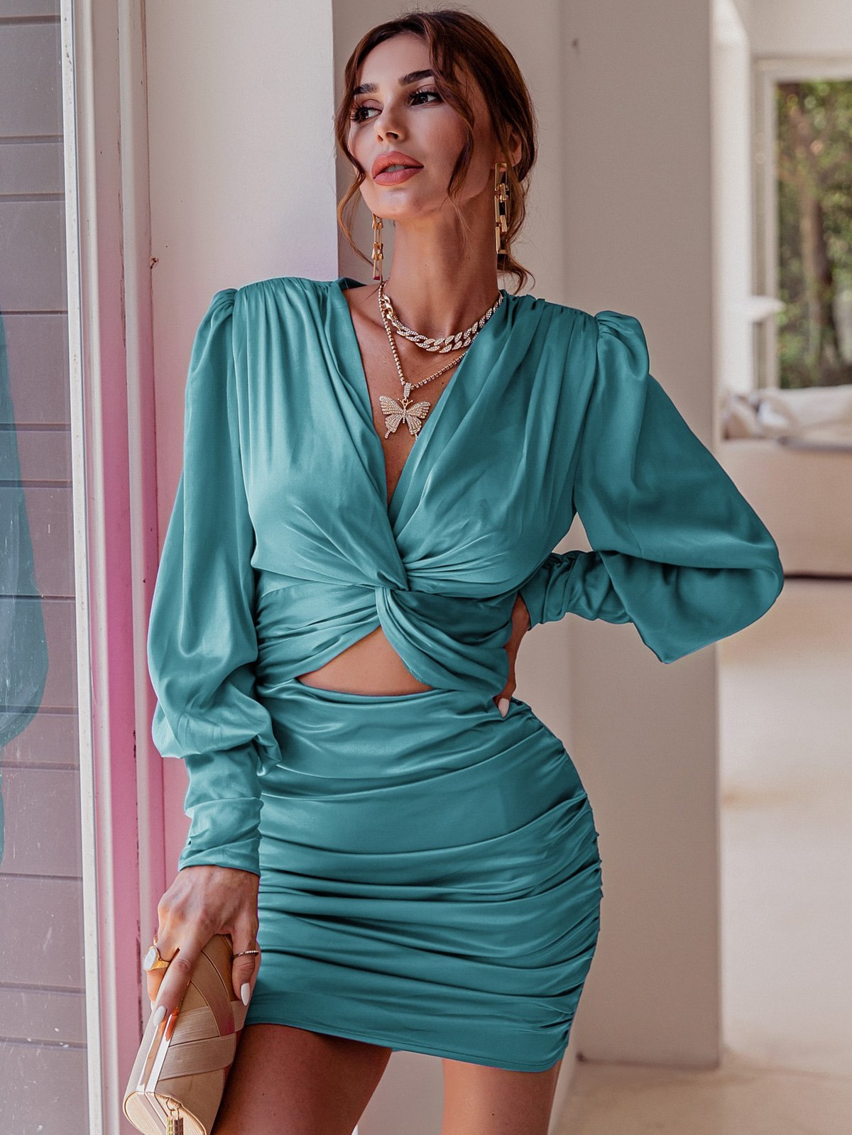 Twist Front Ruched Satin Dress Angelwarriorfitness.com