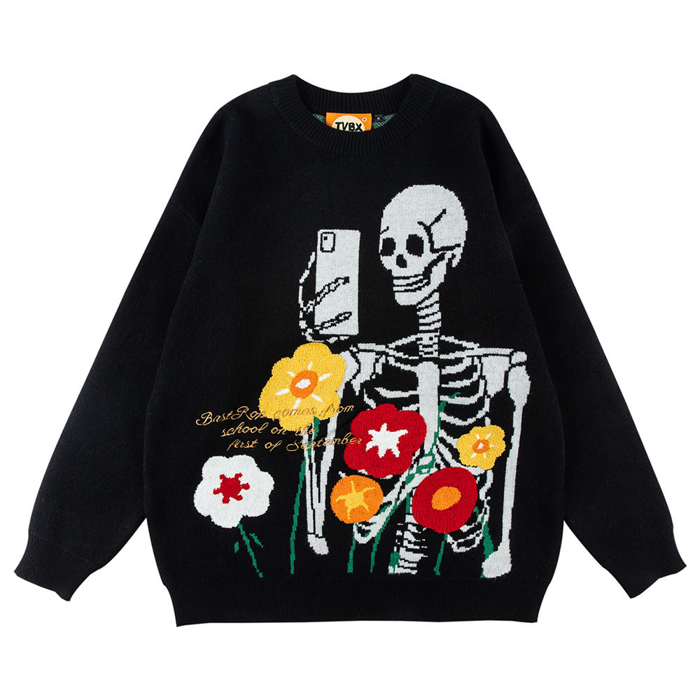 Funny Skull Crew Neck Sweater Embroidery Angelwarriorfitness.com