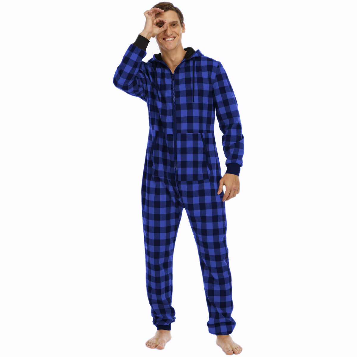 Men's Flannel Check Hooded One-piece Pajamas Angelwarriorfitness.com