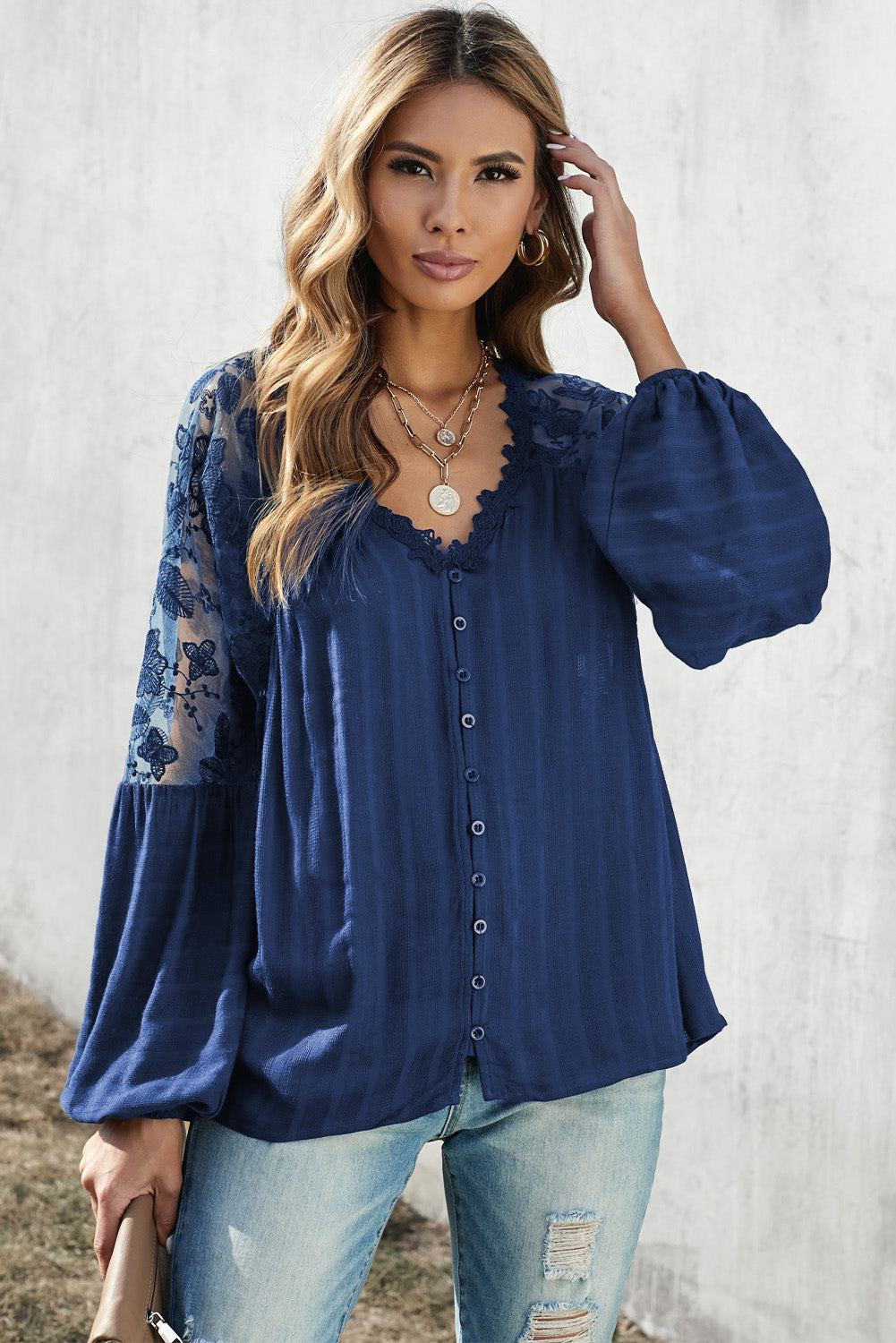 V Neckline Lace Shoulder Patchwork Blouse Angelwarriorfitness.com