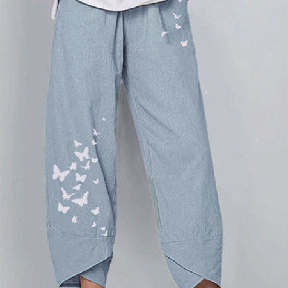 Summer Casual Loose Cotton And Linen Butterfly Printed Wide-leg Pants For Women Angelwarriorfitness.com