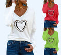 Heart Pattern Printing V-neck Long-sleeved All-match Female T-shirt Bottoming Shirt Angelwarriorfitness.com