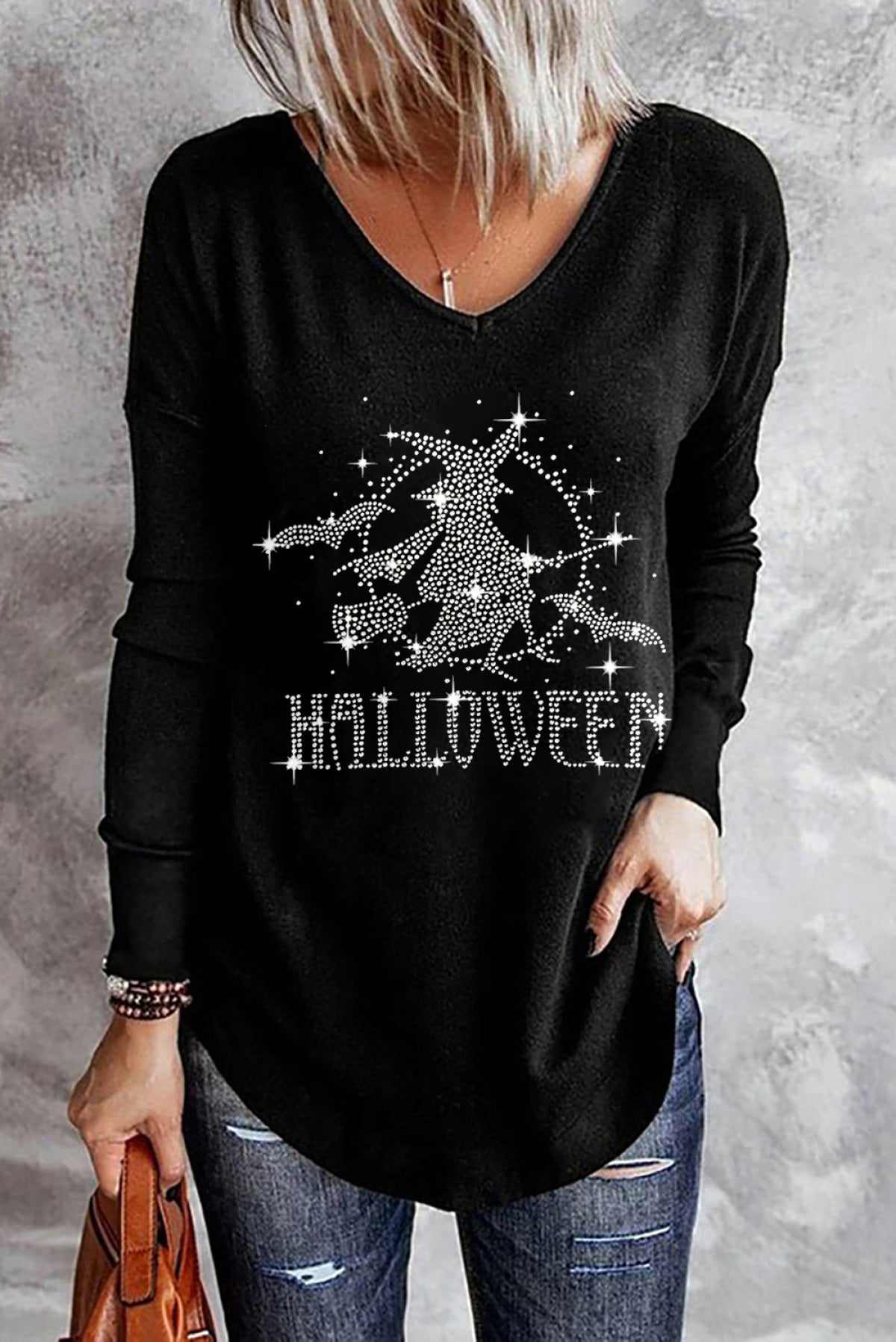 Black Halloween Witch Rhinestones Solid V Neck Shift Casual Long Sleeve Top Angelwarriorfitness.com