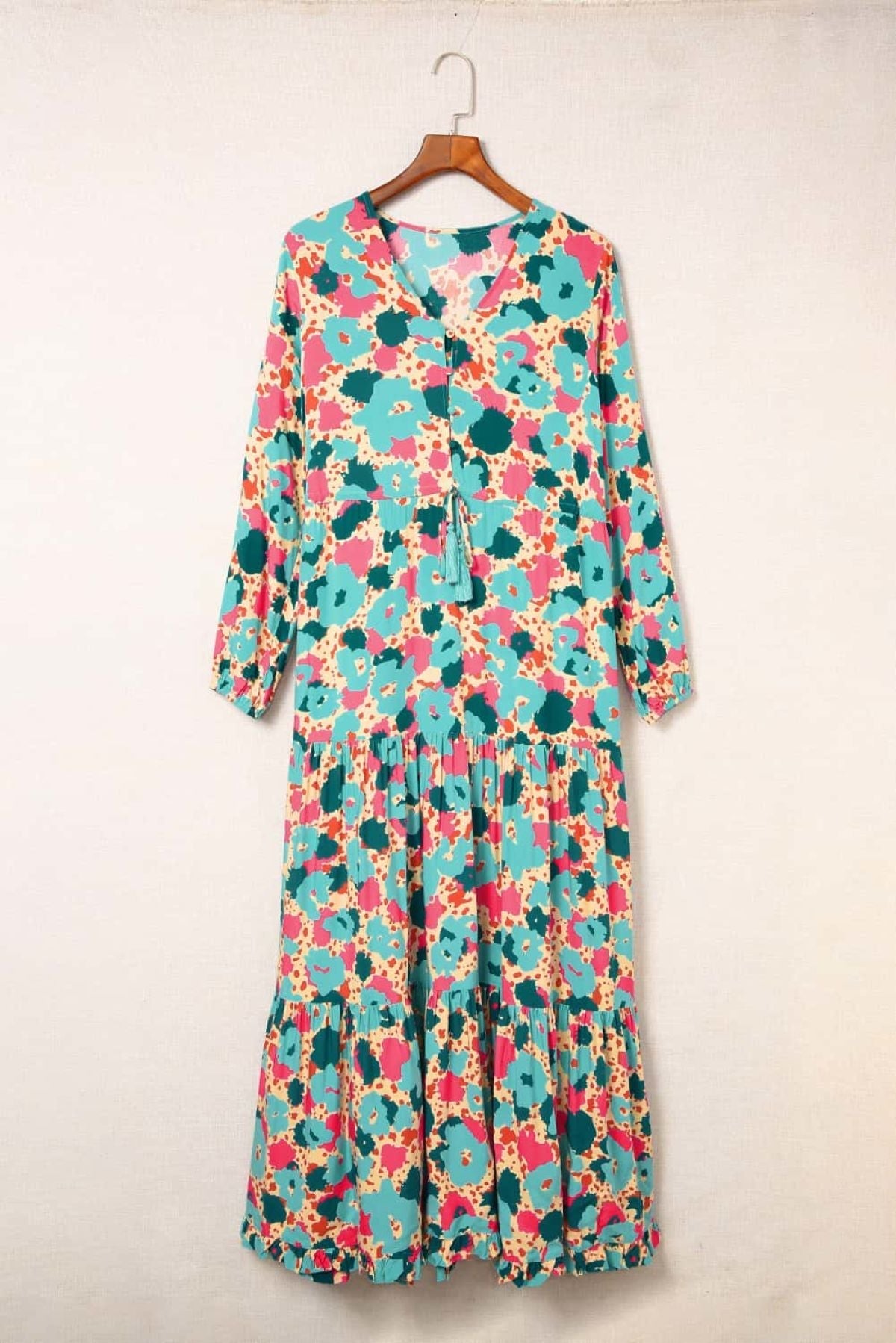 Multicolor Bohemia Print V Neck Ruffle Long Sleeve Maxi Dress Angelwarriorfitness.com
