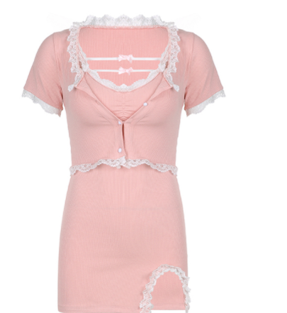 Bow Knot Slit Dress  Lace Short Sleeves Angelwarriorfitness.com