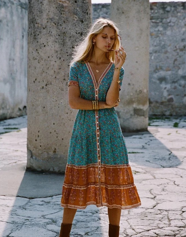 Women's dress autumn bohemian print dress Angelwarriorfitness.com